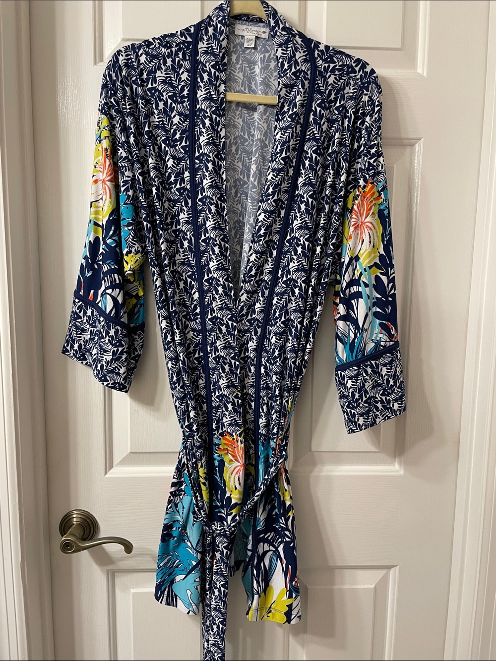 Navy Floral Long-Sleeve Wrap Dress with Tie Waist